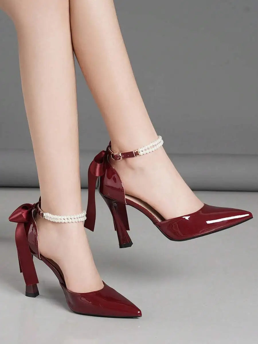 Spring New Bowknot Pointed Toe Heels, Black Wine Red Thick Heel Pumps, French Shallow Dress Shoes for Wedding Banquet Party