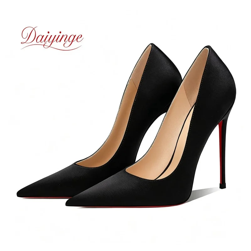 Women's Pumps and Heels 2026 New Luxury Designer Silk Pointed Toe Red Bottoms Stiletto 12 cm High Heels Sexy Party Wedding Shoes