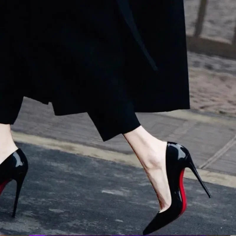 7cm Black Red Sole High Heels Spring Pointed Toe Stiletto Heel Sexy Shiny Single Shoes Fashion Patent Leather Women's Shoes