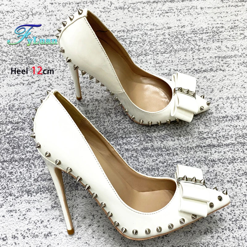 White Shoes For Women's Pointed High Heels 8-12CM Bow Woman Shoes With Rivet High Heels Europe and America Style Stiletto Pumps