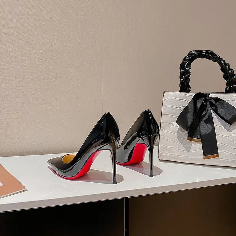 7cm Black Red Sole High Heels Spring Pointed Toe Stiletto Heel Sexy Shiny Single Shoes Fashion Patent Leather Women's Shoes